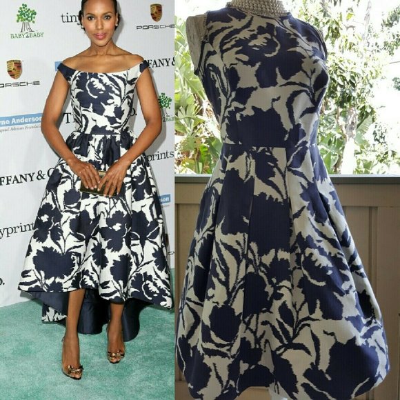 °$3,700 OSCAR DE LA RENTA IVORY BLUE FLORAL SILK RUNWAY DRESS US 2, 14 - Picture 5 of 7